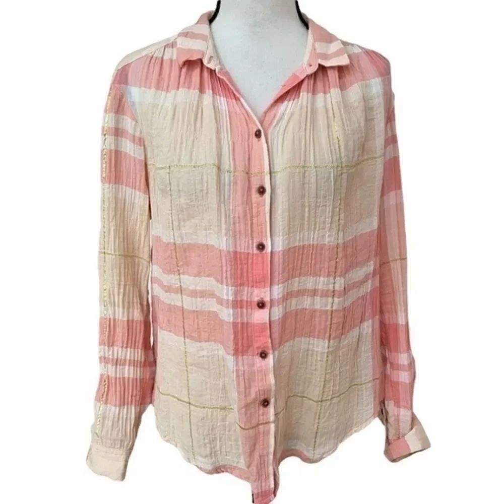 Anthropologie Holding Horses Gailen Pink Plaid Button Down Shirt Size 4.